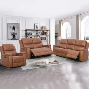 Ilkeston 3-Piece Cognac Leather Reclining Living Room Set with Hidden Cupholder - Picture 1 of 10