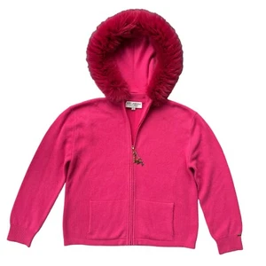 St. John Womens Size Medium Pink 100% Cashmere Fox Fur Hood Zip Cardigan Sweater - Picture 1 of 24
