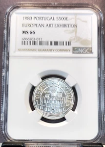 1983 PORTUGAL SILVER 500 ESCUDOS EUROPEAN ART EXHIBITION NGC MS 66 RARE TOP POP - Picture 1 of 3