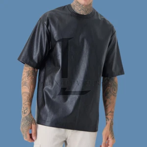 Men's Black T-Shirt Classic Style Leather T-Shirt Real Lambskin Leather T-Shirt - Picture 1 of 4