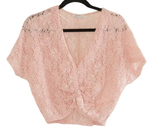Zara Trafaluc Lace Crop Top Small Polka Dot Pink Sheer Short Sleeve - Picture 1 of 8