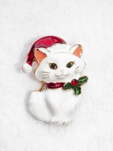 Gold weiße Katze Anstecknadel Urlaub 1 1/2" Brosche Strass - Bild 1 von 9