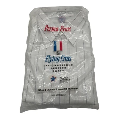 复古 NOS Flying Cross 条纹纽扣长袖服务制服衬衫 15 6 — 第 1/2 张图片