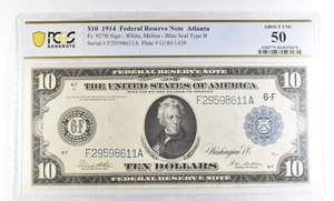1914 $10 Atlanta GA FRN Fr#927B Large Note About Unc 50 PCGS *2538 - Picture 1 of 3