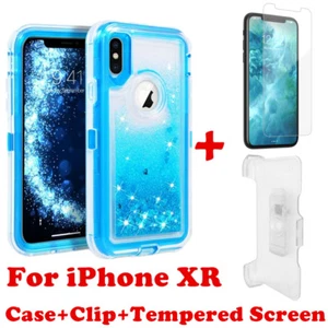 For iPhone XR Liquid Glitter Defender Case W/Screen + Clip Fits Otterbox Blue - Photo 1 sur 6