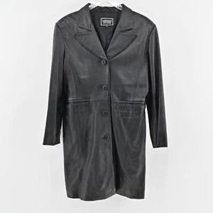Vtg VERSACE Leather Jacket Womens Size 42 Black Button Front Longline Coat Y2k - Picture 1 of 16