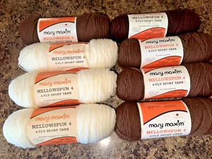 Mary Maxim MELLOWSPUN 4 Ply Sport Acrylic Yarn Brown White Lot of 8 - Picture 1 of 4
