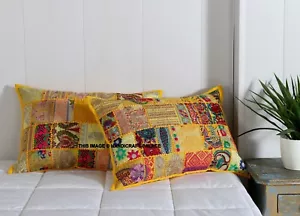 Indien Handmade Yellow Cushion Boho Vintage Patchwork Pillow Cover Sham 40x60cm - Picture 1 of 3