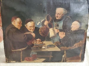 EDUARD VON GRUTZNER, MONKS IN PUB, 1890 olio Ptg. - Foto 1 di 14