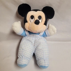 Vintage Disney Baby Mickey Mouse Plush 12" Blue White Gingham Overalls Applause - Picture 1 of 5
