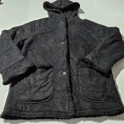 Abrigo Larry Levine Sport negro con capucha forrado de piel sintética chaqueta softshell para mujer XS Foto 1 de 4