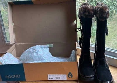 Sporto Tall Boots Womens Size 10 M Side Winder Black Waterproof Faux Leopard Fur - Image 1 of 4