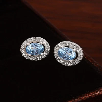 März Geburtsstein 6x4 MM Super Qualität Aquamarin Oval Stud, 925 Silber Ohrringe - Bild 1 von 4