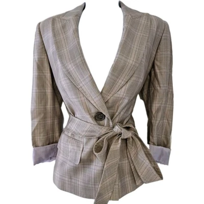 Chaqueta formal de mujer Escada beige a cuadros lana seda con cinturón de un solo pecho34 Foto 1 de 4