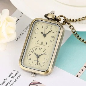 Vintage Dual Time Zone Bronze Quartz Pocket Watch Rectangle Dial Necklace Chain - Picture 1 of 8