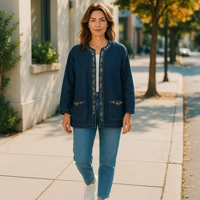 Chaqueta túnica bordada con botones manga larga de mezclilla talla XX Tudor Court Haband XL Foto 1 de 4