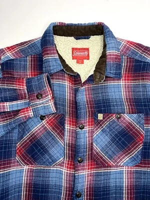 Coleman 法兰绒衬衫夹克男式 M 码蓝色红色夏尔巴内衬格子重量级 — 第 1/4 张图片
