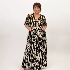 WOMENS DRESS LADIES GEO PRINT STRETCHY BELL SLEEVE CALF LENGTH MOCK WRAP TOP - Picture 1 of 4