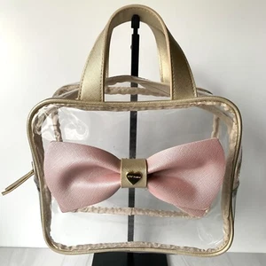 Betsy Johnson Clear Zip Tote Bag Satchel Cosmetic Case Big Bow Blush Gold Tan - Picture 1 of 14