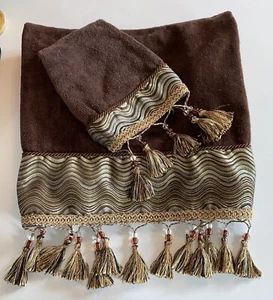 Set asciugamani ospiti vintage Croscill decorativo 2 pezzi ricco bordo marrone nappe perline - Foto 1 di 16