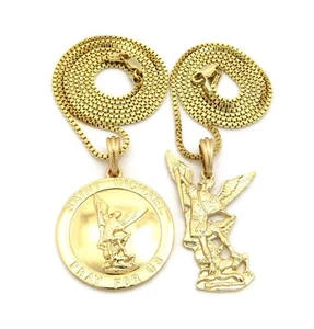 Hip Hop Saint Michael Archangel Gold Plated Pendant 20" 24" Box Chain 2 Necklace - Picture 1 of 4