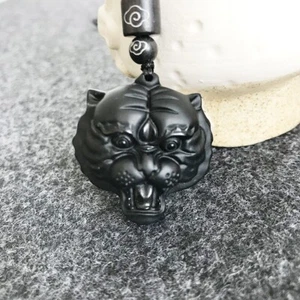 Natural Black Obsidian Carved Tiger Pendant with Rope Necklace Crystal Gems - Picture 1 of 5