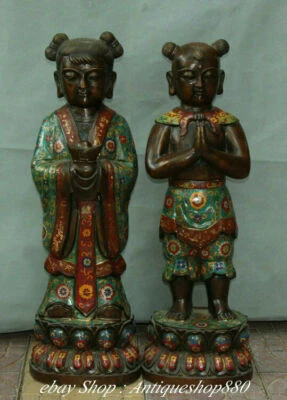  29" China Cloisonne Púrpura Bronce Tongzi Niño Niña Niñas Yuanbao Estatua Par Foto 1 de 4