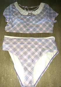 HOT TOPIC womens 2 pc SWIM SWIMMING SUIT size XL PURPLE BLUE PLAID sleeves! cute - Picture 1 of 2