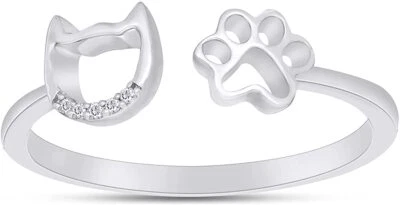 Anillo abierto con contorno de gato y estampado de pata de perro con acento de diamante natural esterlina Foto 1 de 4