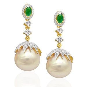 925 Sterling Silver Natural Emerald Pearl Womens Earrings Pair 18k Gold Plated - Picture 1 of 2