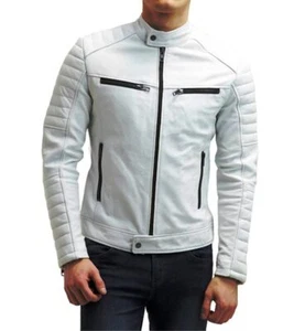 Para hombres Chaqueta de Cuero Genuino Piel de Cordero Abrigo de Motocicleta Calce Ajustado Prendas de abrigo Blanco - Imagen 1 de 7