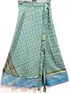 Womens Reversible Wrap Skirt L 36'' Silk Sari Indian Boho Good Yarn Floral Print - Picture 1 of 7