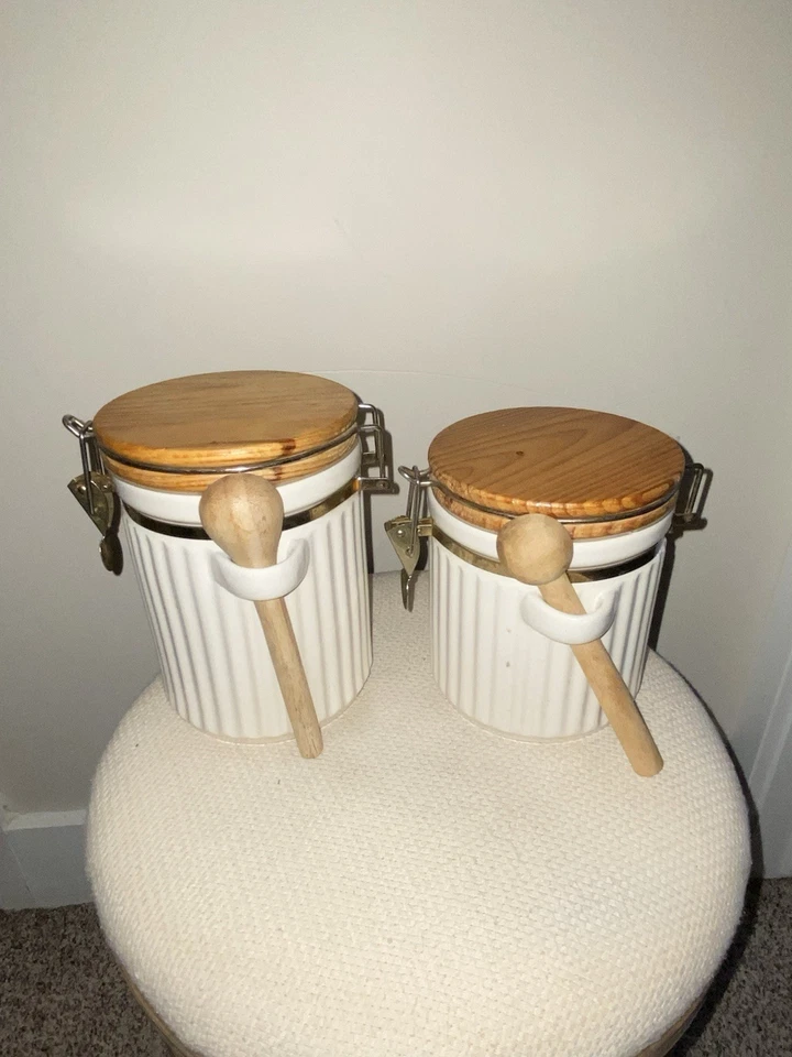 2 Cute Antique Jars For Your Kitchen With Wooden Spoons White+Gold Hardware - Image 1 of 4