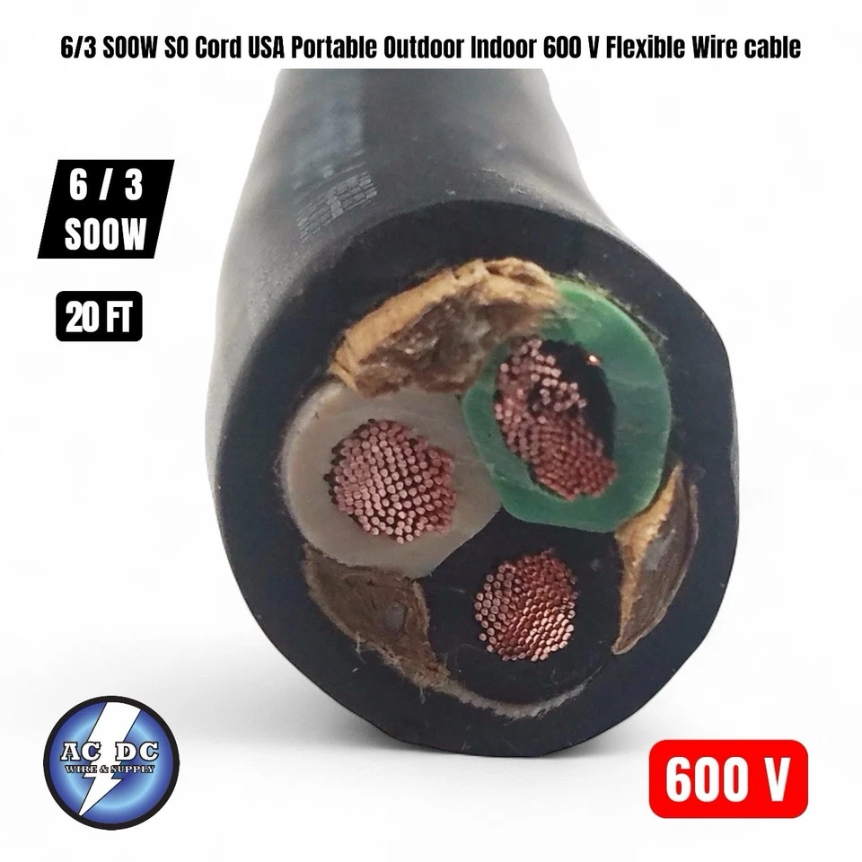 6/3 SOOW SO Cord 20 FT USA Portable Outdoor Indoor 600 V Flexible Wire cable - Image 1 of 1