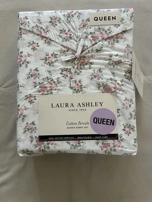 全新 4 件套 Laura Ashley Queen 床单套装 小屋 花卉 LEANNA 玫瑰 粉色和绿色 — 第 1/4 张图片