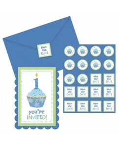 Sweet Blue Boy 1st Birthday Cupcake Party Invitations Envelopes Seals 20 ct - Picture 1 of 3