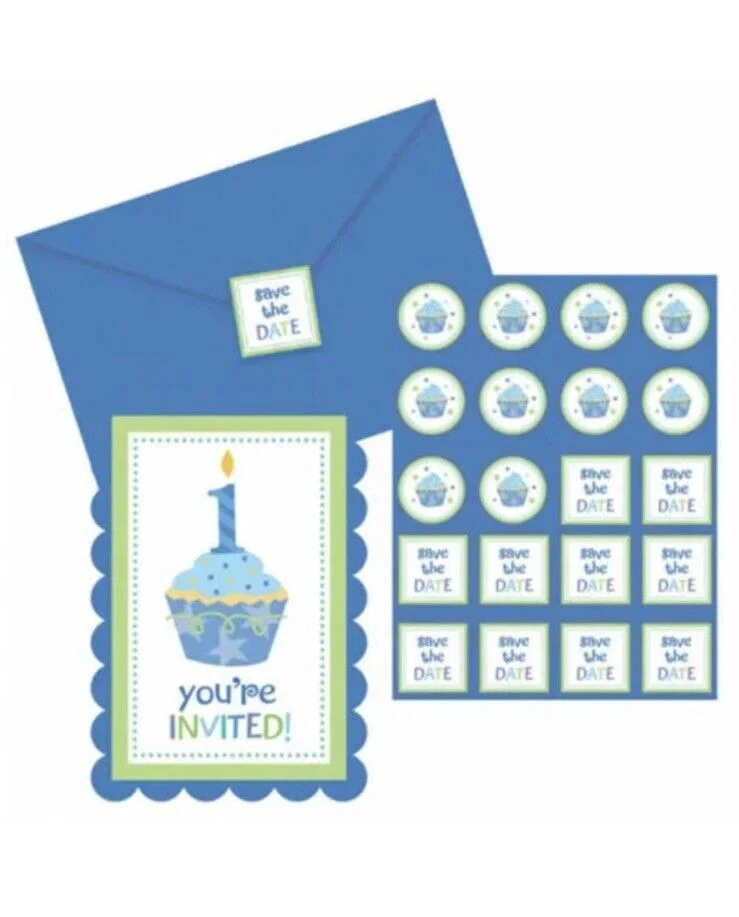 Sweet Blue Boy 1st Birthday Cupcake Party Invitations Envelopes Seals 20 ct - Image 1 of 3