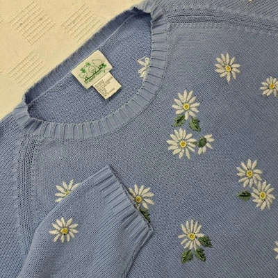 Vtg Quacker Factory Sweater Womens 2X Blue Daisy Embroidery Beaded Knit Pullover - Image 1 of 4