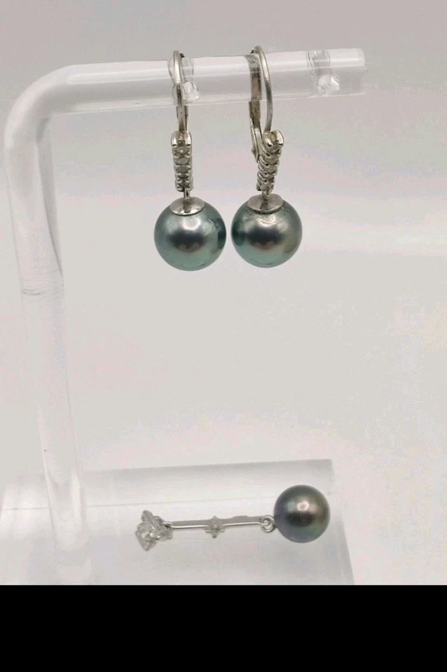 Elegant 14K White Gold Smokey Pearl & Diamond Pendant & Earring Set - Image 1 of 4