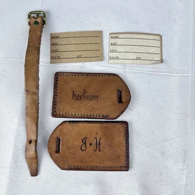 Vintage Hartmann Luggage Bag ID Tag Brown/Tan Leather Spellout Logo J•H Initial - Image 1 of 4