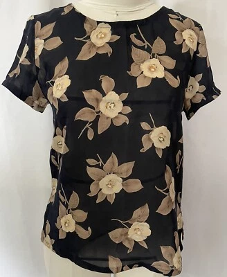 1990-е Винтажный дизайн Pat Argenti шелк черный блузка бежевый розы - Изображение 1 из 4