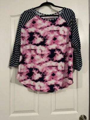 3/4 length sleeve tops women 2X pink and blue tie dyed - Image 1 of 4