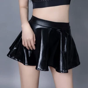 Womens PU Leather Wetlook Mini Flared Pleated Skirt Skater Short Skirt Nightclub - Picture 1 of 10