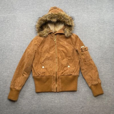 Baby Phat Leather Jacket Women M Brown Suede Faux Fur Hooded Embroidered Y2K VTG - Image 1 of 4
