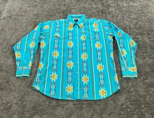 Pandhandle Slim Shirt Men Large Blue Stripe Aztec Western Pearl Snap Long Sleeve - Picture 1 of 12