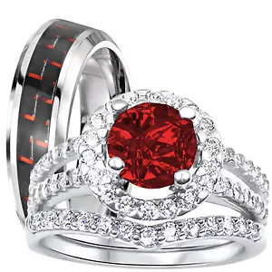 His Her Wedding Ring Set Simulated Ruby Black TRIO Couples Engagement Rings - Picture 1 of 7