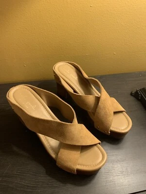 Sandalias Mila Paoli para mujer 10 deslizables marrón gamuza sin cordones informales correa cruzada bloque Foto 1 de 4