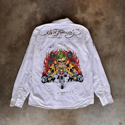 Ed Hardy Christian Audigier мужчин XL на пуговицах мотоциклиста череп жить ездить Y2K - Изображение 1 из 4