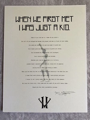 Kobe Bryant Los Angeles Lakers “Querido Basquete” Carta Reimpressão Alta Qualidade - Imagem 1 de 2