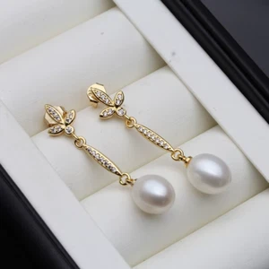 Real Freshwater Pearl & Cubic Zirconia Crystal Drop Earrings White Earrings - Picture 1 of 2